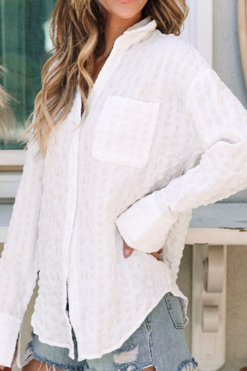 Texture Collared Neck Long Sleeve Shirt