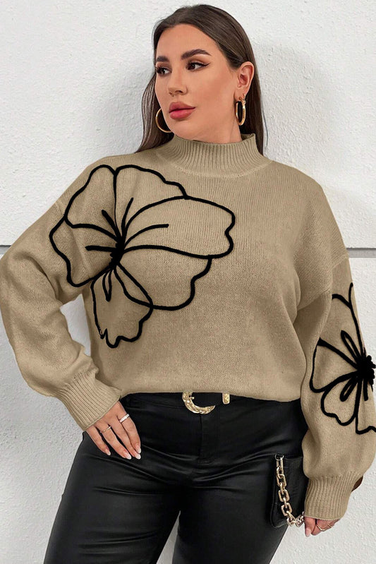 Dark Khaki Plus Size Big Flower Pattern High Neck Drop Shoulder