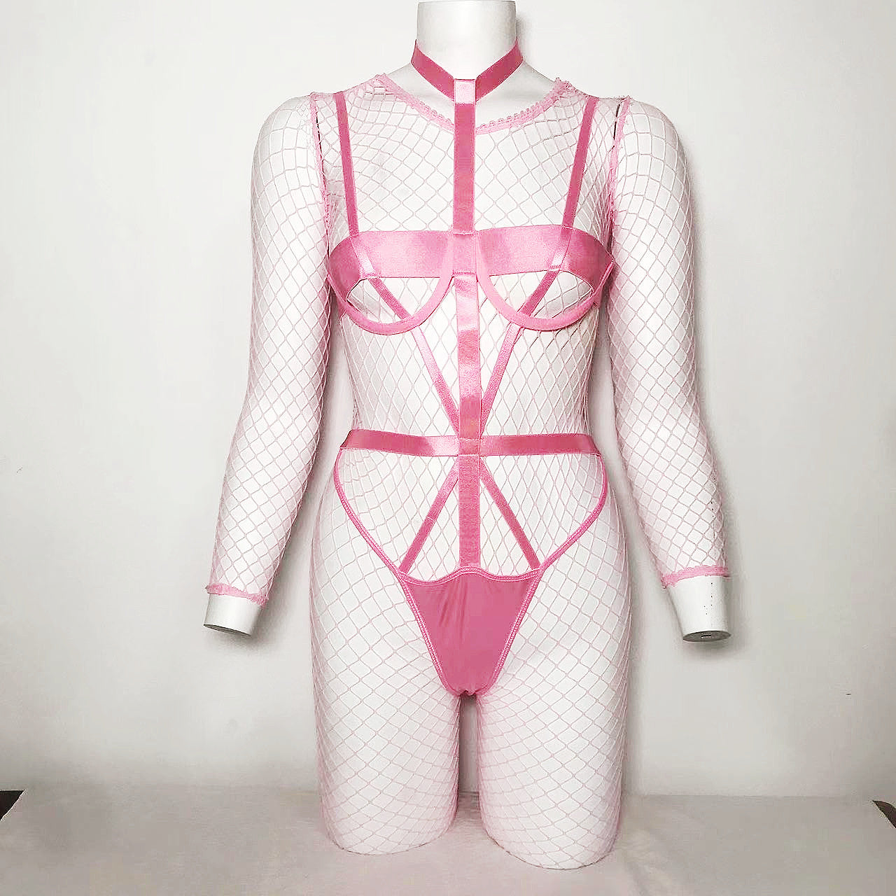 Sexy Lingerie Pink Fishnet Dew Charming Cute Girl Jumpsuit Two Piece