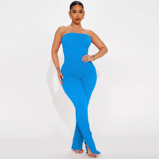 Women Clothing Bubble Grid Tube Top Jumpsuit