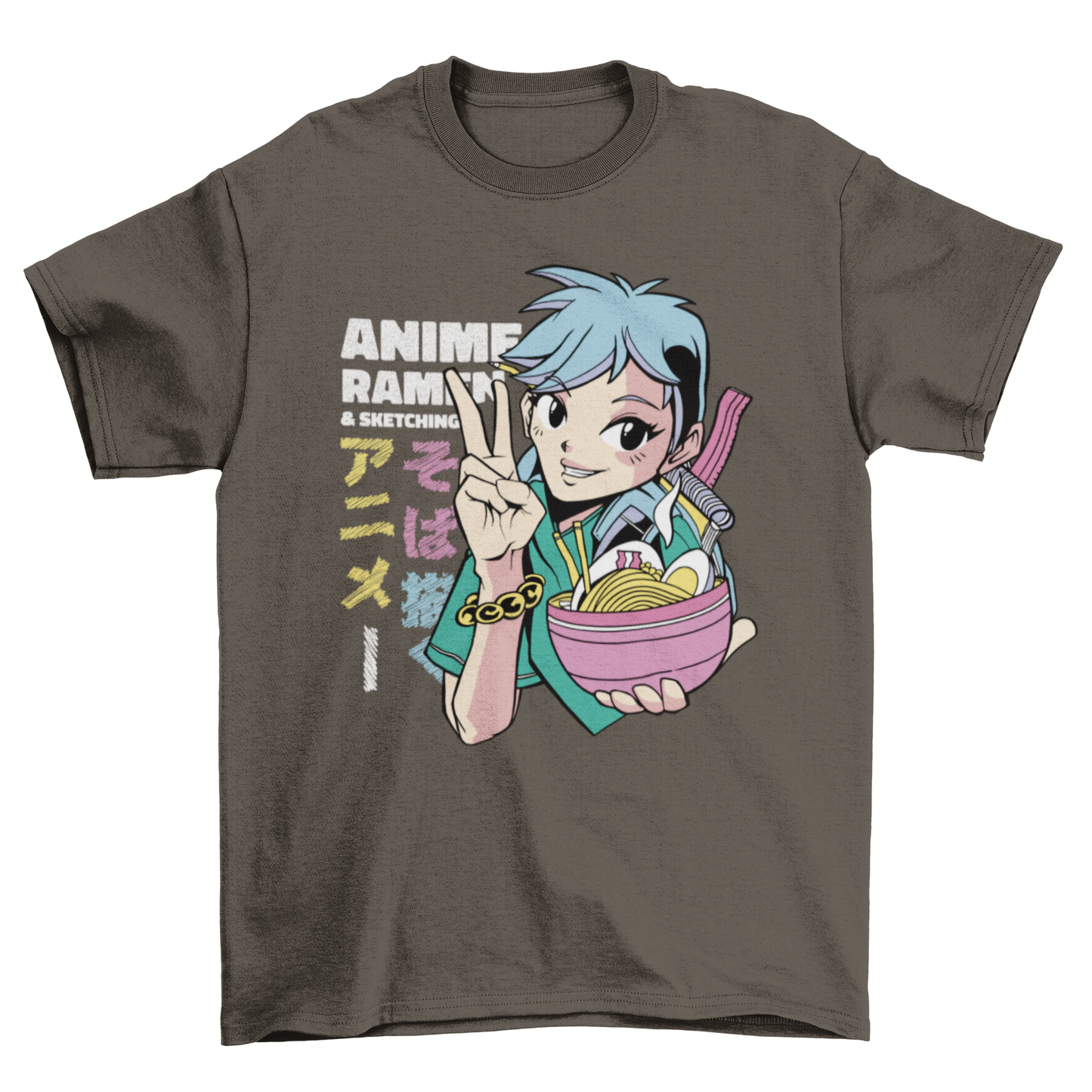 Anime girl with ramen bowl t-shirt