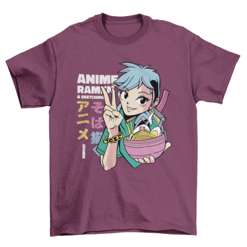 Anime girl with ramen bowl t-shirt