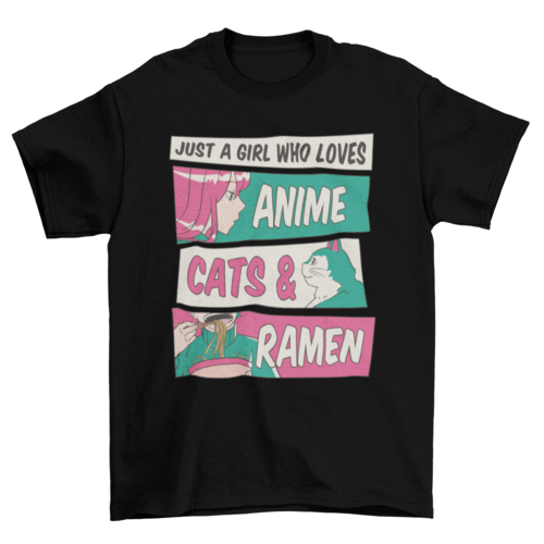 Anime girl with cat and ramen t-shirt design