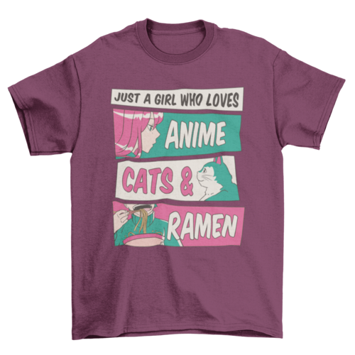 Anime girl with cat and ramen t-shirt design