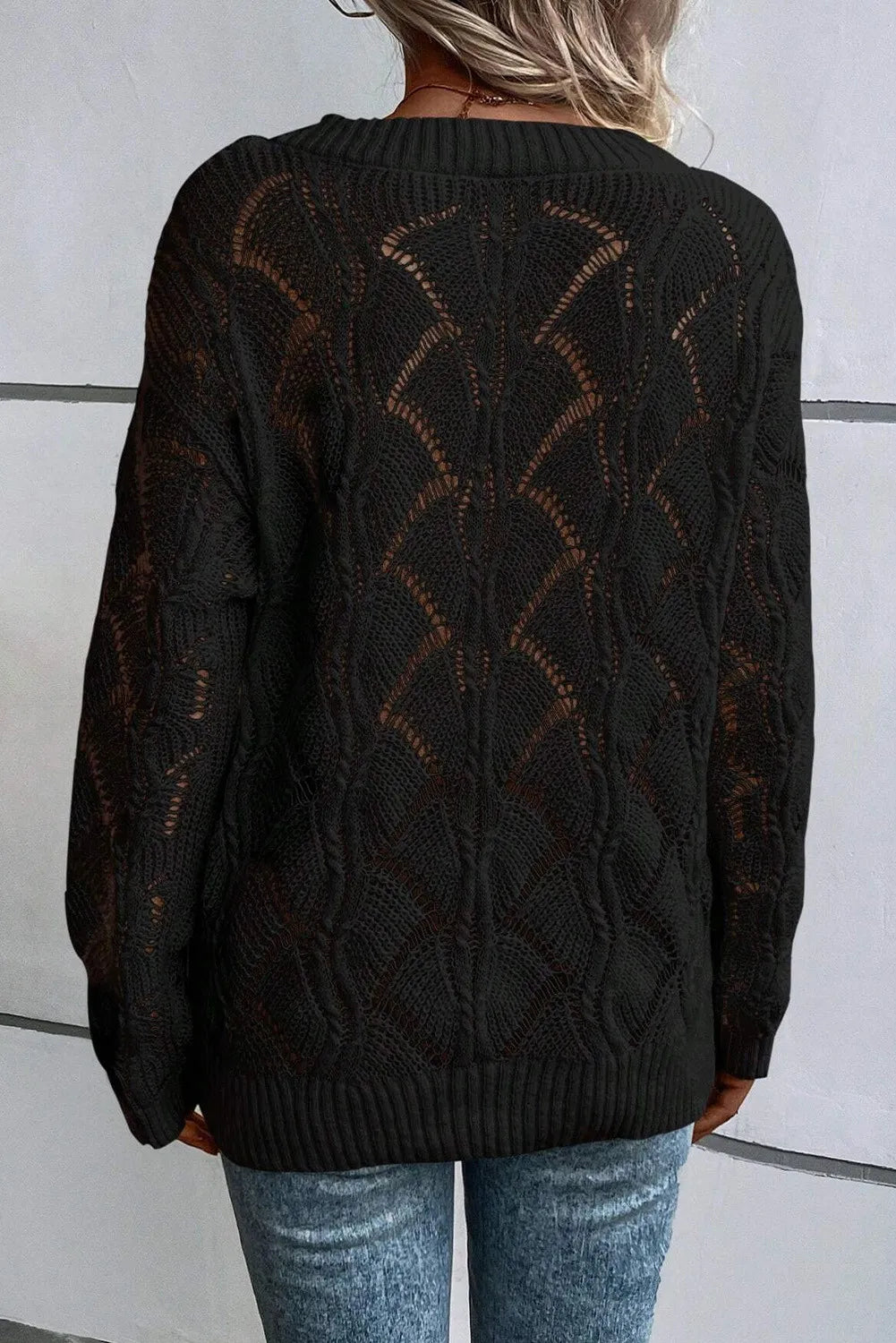 Openwork V-Neck Long Sleeve Sweater