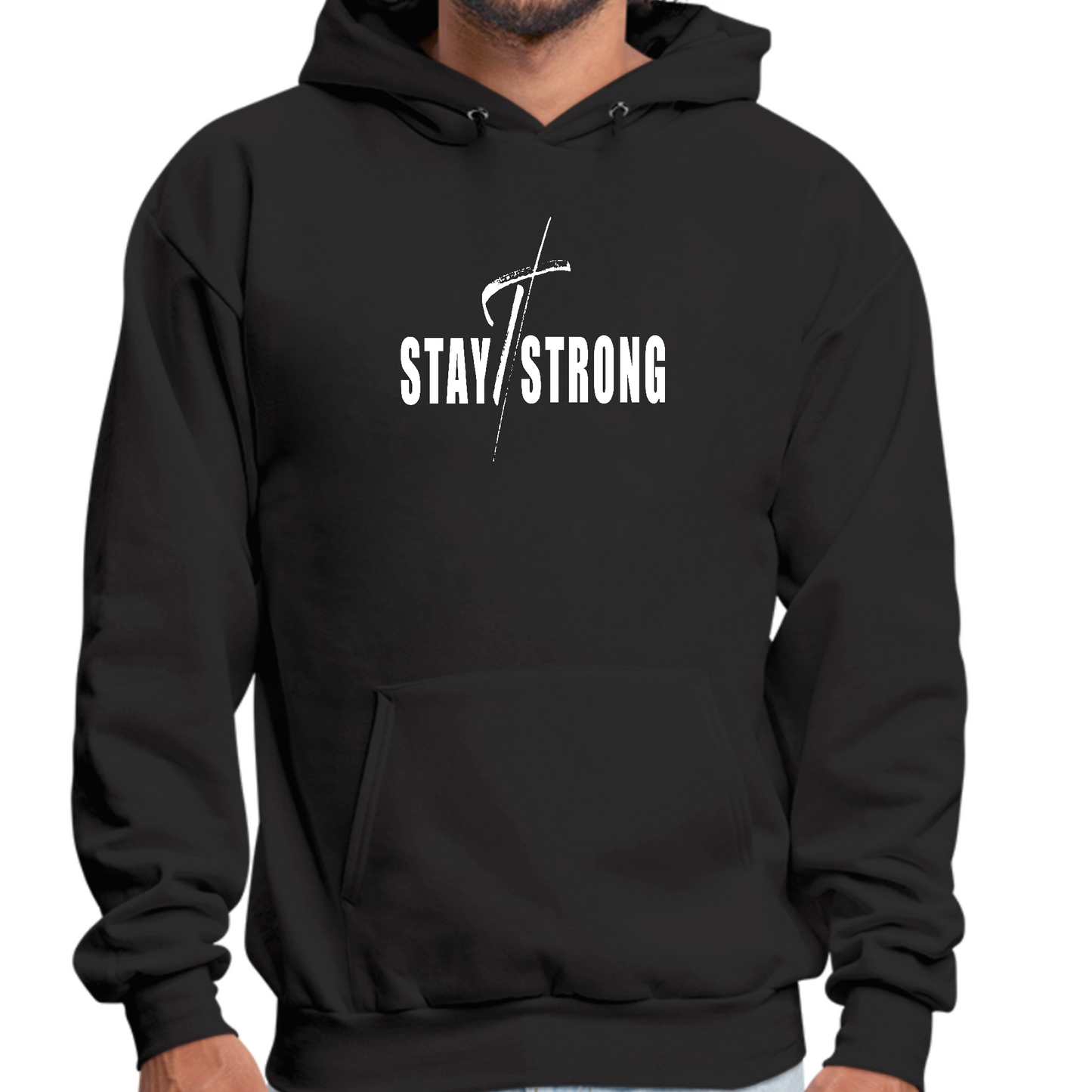 Mens Graphic Hoodie Stay Strong with Cross White Print