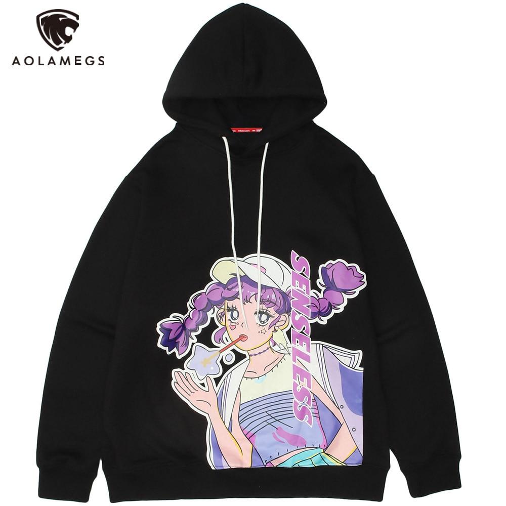 Men Purple Hair Girl Anime Print Plus Velvet Pullover Loose Cozy