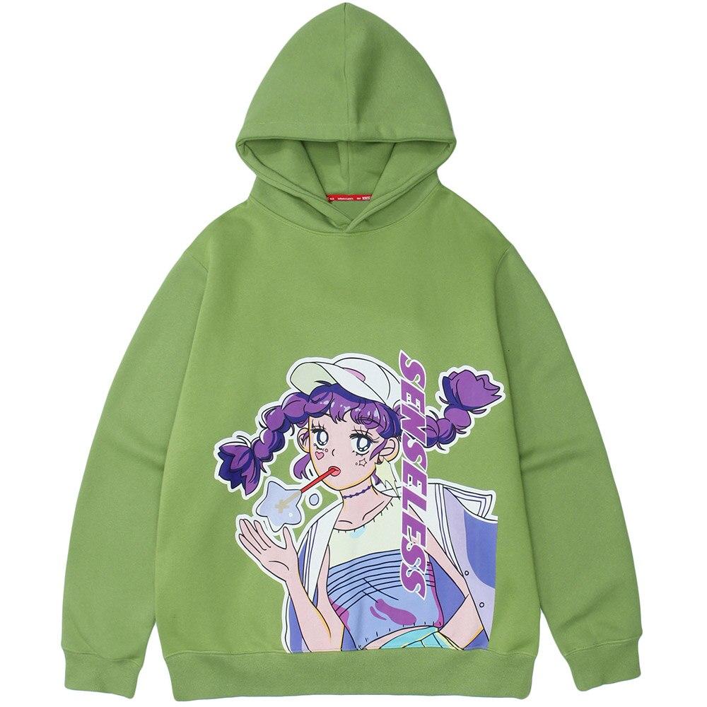 Men Purple Hair Girl Anime Print Plus Velvet Pullover Loose Cozy