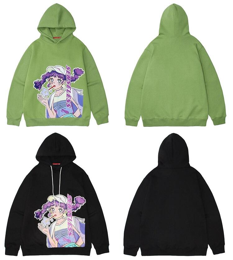 Men Purple Hair Girl Anime Print Plus Velvet Pullover Loose Cozy