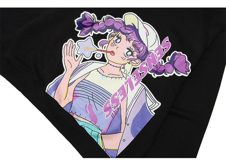 Men Purple Hair Girl Anime Print Plus Velvet Pullover Loose Cozy