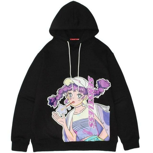 Men Purple Hair Girl Anime Print Plus Velvet Pullover Loose Cozy