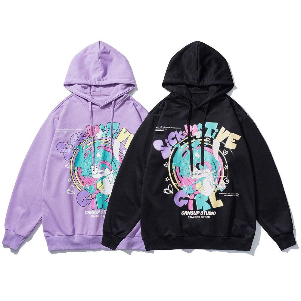 Hoodie Men Colorful Anime Girl Letter Print Hooded Pullover Autumn